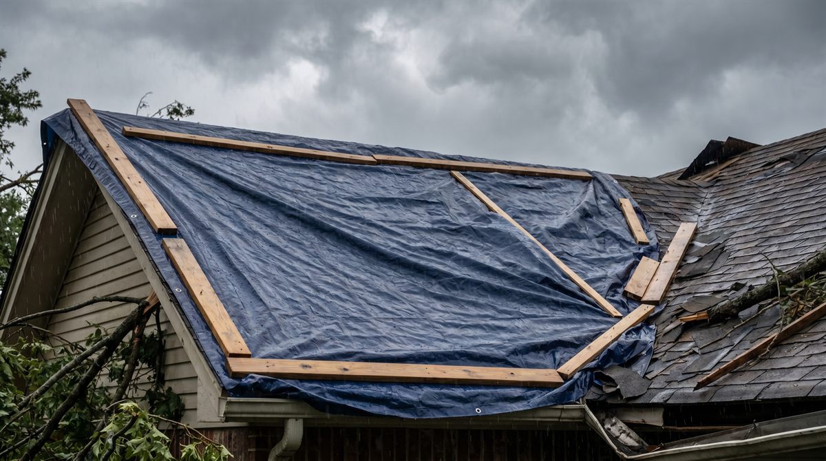 Emergency tarp over a storm-damaged Edmonton roof
